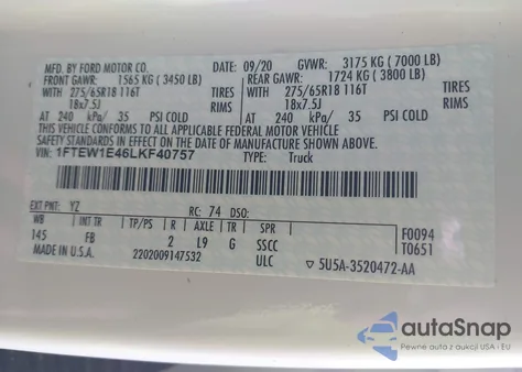 2020 Ford F-150 Xlt from USA, damaged, VIN 1FTEW1E46LKF40757